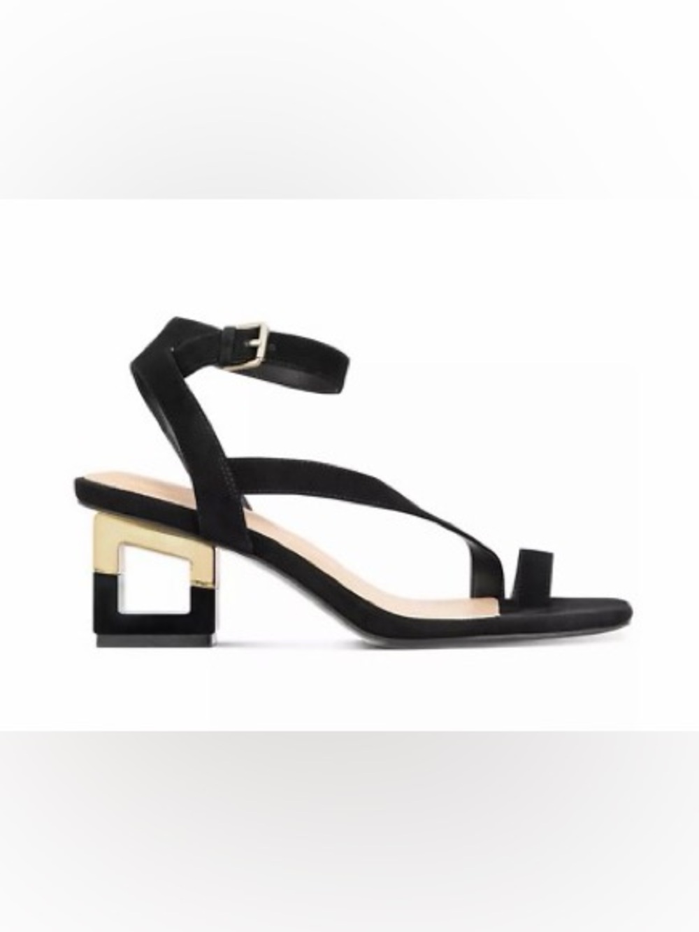 ALFANI WOMEN’S COREENA SQUARE-HEEL DRESS SANDALS IN BLACK WITH GOLD HEEL US 9.5 - Picture 2 of 6